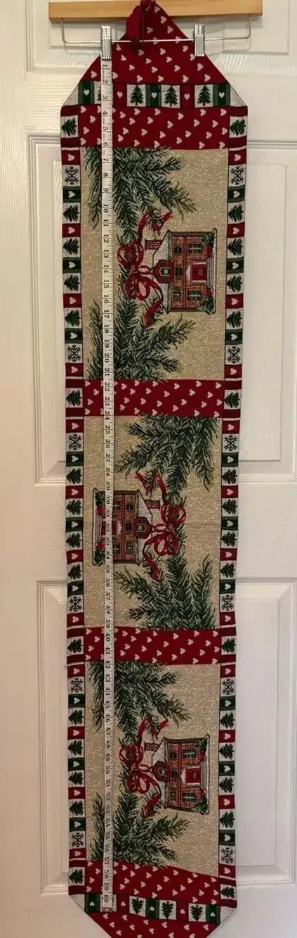 EUC Christmas Tapestry Table Runner Size 74x13 Red Green House Pine Trees Tassel